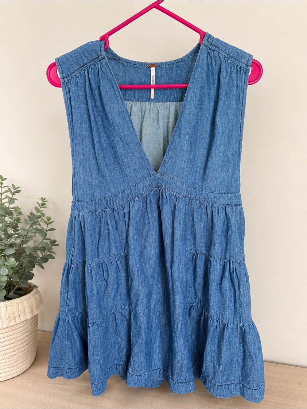 Free People ESME Denim Tiered V-Neck Sleeveless Dress